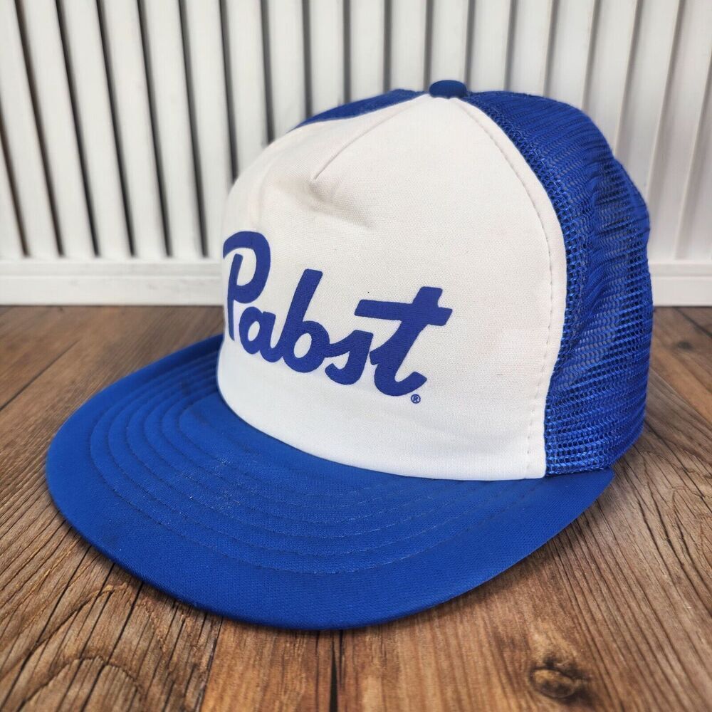 VTG Pabst Blue Ribbon Beer Snapback Trucker Hat Cap White Blue Mesh Promo Farmer